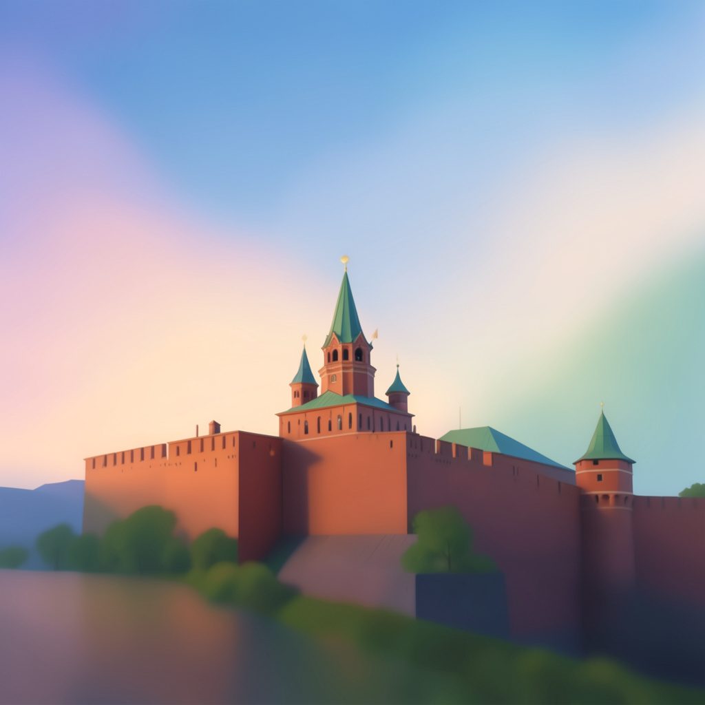 Ancient stone kremlin towers and domes rising above a calm river at dusk, in muted cream and grey tones.